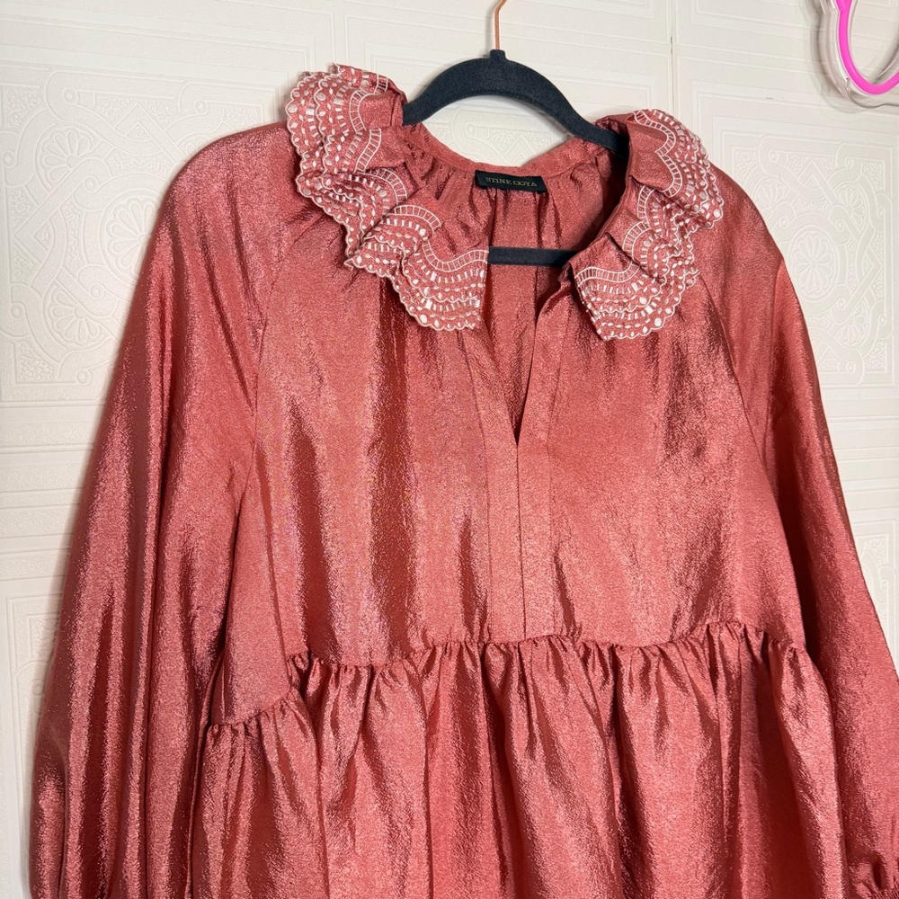 Stine Goya Daki Tiered Long Sleeve Hammered Satin Ruffle Dress Medium - Picture 3 of 11